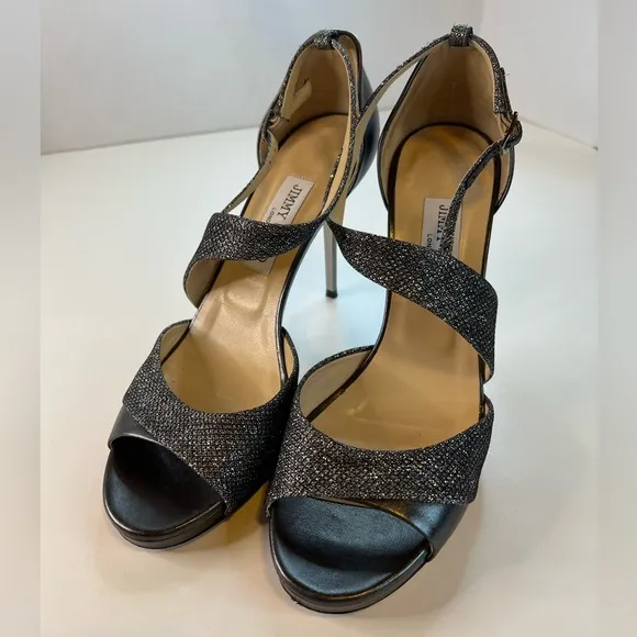 Jimmy Choo Tyne Sandals, Glitter Metallic Heels, Black, Size 8.5/EU 39