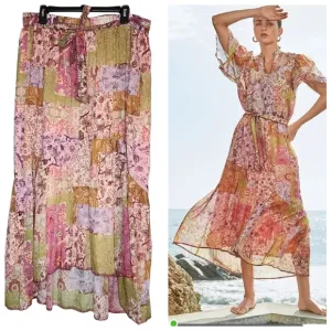 Johnny Was River Tiered Maxi Skirt Pull On Belted Silk Cotton Size XL
