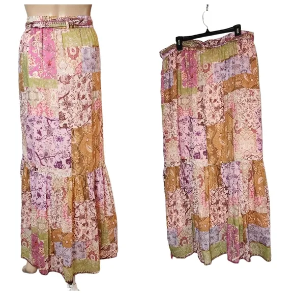 Johnny Was River Tiered Maxi Skirt Pull On Belted Silk Cotton Size XL