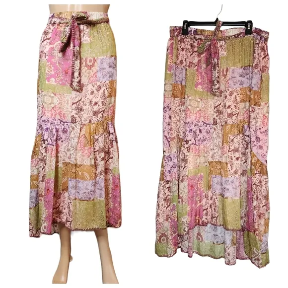 Johnny Was River Tiered Maxi Skirt Pull On Belted Silk Cotton Size XL