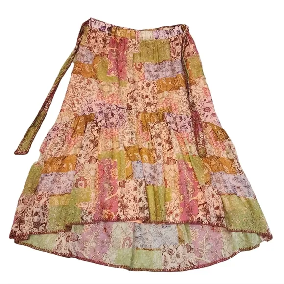 Johnny Was River Tiered Maxi Skirt Pull On Belted Silk Cotton Size XL