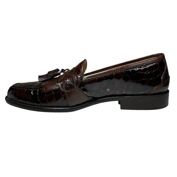 Johnston &amp; Murphy Brown Croc Embossed Leather Kiltie Tassel Loafers Mens Size 8