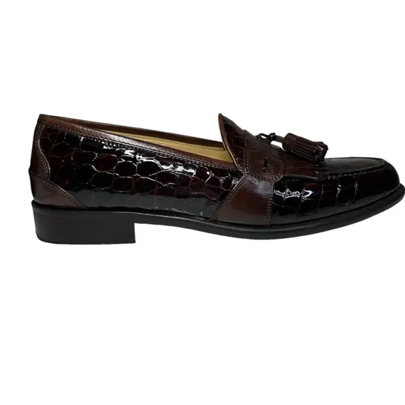 Johnston &amp; Murphy Brown Croc Embossed Leather Kiltie Tassel Loafers Mens Size 8