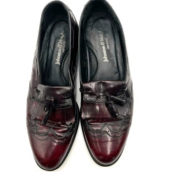 JOHNSTON &amp; MURPHY Men's 10.5 Narrow Burgundy Leather Tassel Dress Shoes Loafers