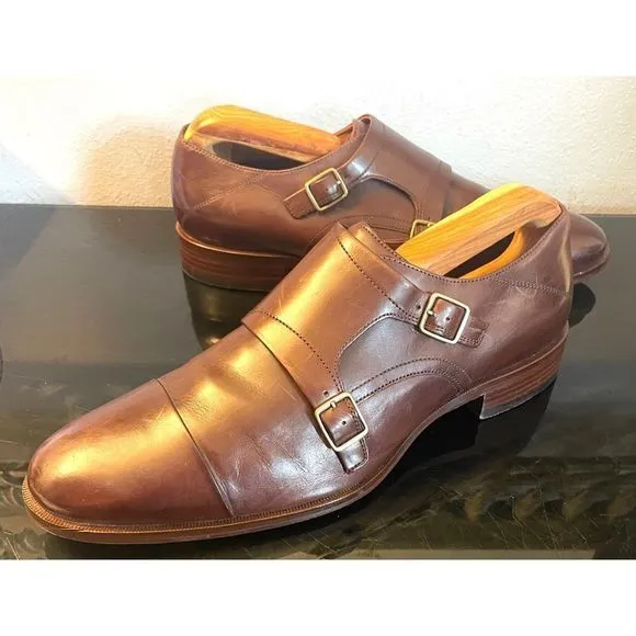 Johnston &amp; Murphy Nolen Double Monk Cap Toe Brown Leather Men’s Loafers Shoes 9M