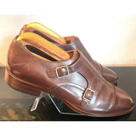 Johnston &amp; Murphy Nolen Double Monk Cap Toe Brown Leather Men’s Loafers Shoes 9M