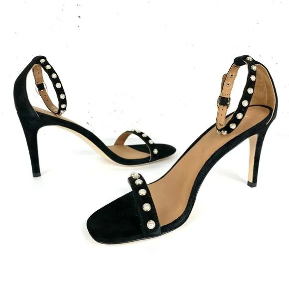 Joie Alana Pearl Studded Ankle Strap Heeled Sandals Black Size 9