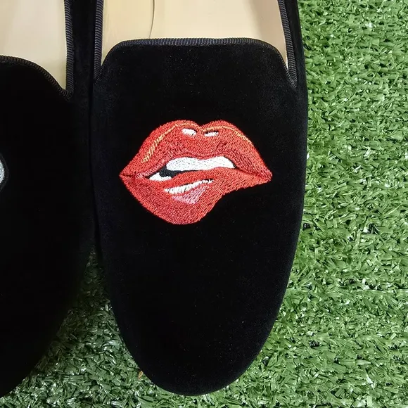 JON JOSEF | GATSBY 'BITE ME' LINEN VELVET EMBROIDERED ROUND TOE SLIP-ON …