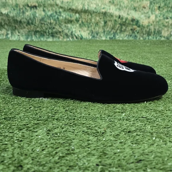 JON JOSEF | GATSBY 'BITE ME' LINEN VELVET EMBROIDERED ROUND TOE SLIP-ON …