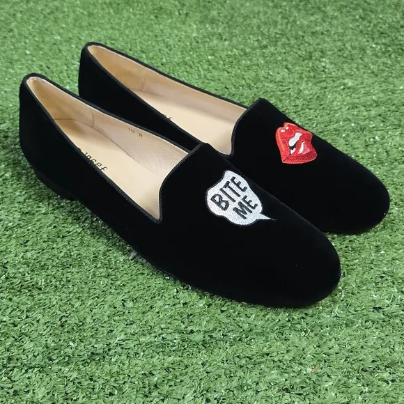 JON JOSEF | GATSBY 'BITE ME' LINEN VELVET EMBROIDERED ROUND TOE SLIP-ON …