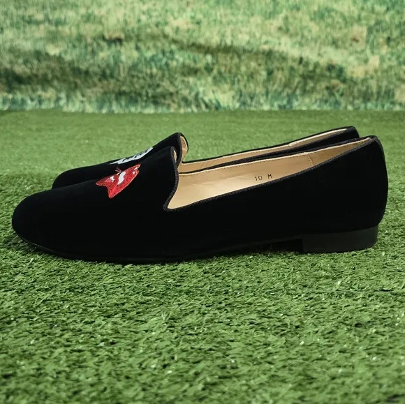JON JOSEF | GATSBY 'BITE ME' LINEN VELVET EMBROIDERED ROUND TOE SLIP-ON …