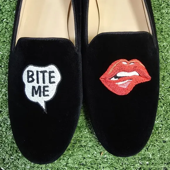 JON JOSEF | GATSBY 'BITE ME' LINEN VELVET EMBROIDERED ROUND TOE SLIP-ON …