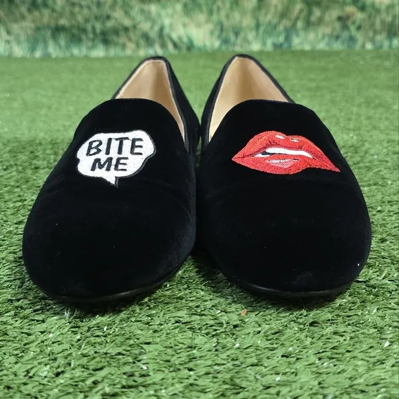 JON JOSEF | GATSBY 'BITE ME' LINEN VELVET EMBROIDERED ROUND TOE SLIP-ON …