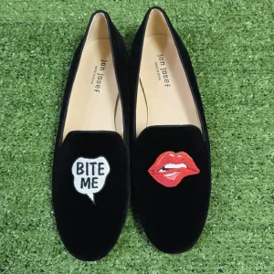 JON JOSEF | GATSBY 'BITE ME' LINEN VELVET EMBROIDERED ROUND TOE SLIP-ON …