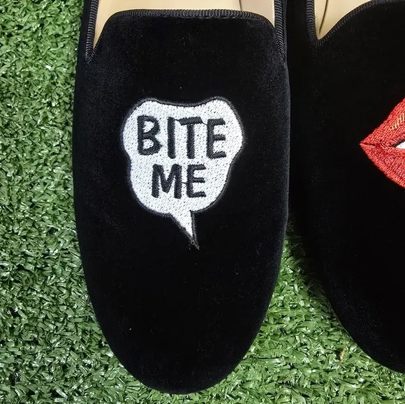 JON JOSEF | GATSBY 'BITE ME' LINEN VELVET EMBROIDERED ROUND TOE SLIP-ON …