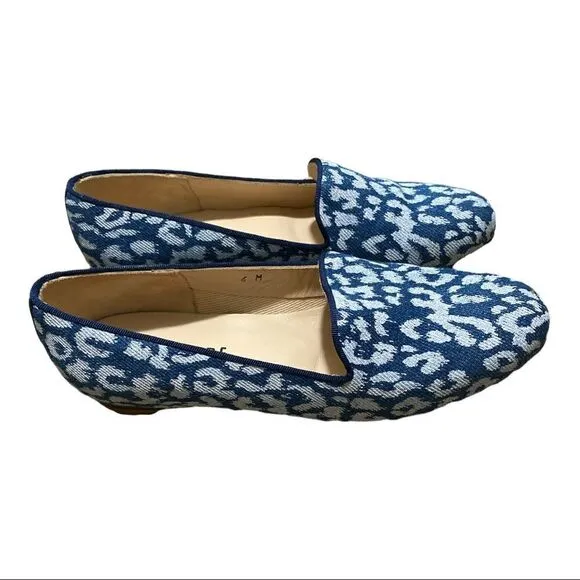 Jon Josef | Gatsby Blue Leopard Denim Round Toe Slip On Loafers Shoes | 6 M