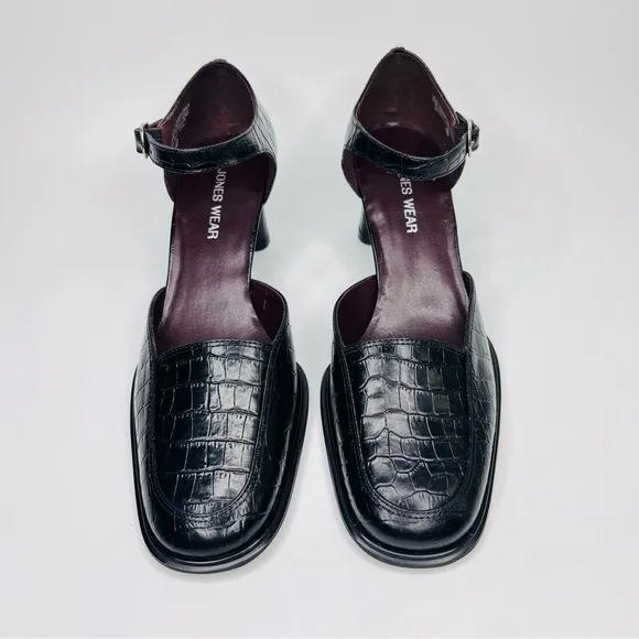 Jones Wear Classic Mary Jane Pumps Black Crocodile Embossed Leather Bloc…