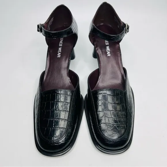 Jones Wear Classic Mary Jane Pumps Black Crocodile Embossed Leather Bloc…
