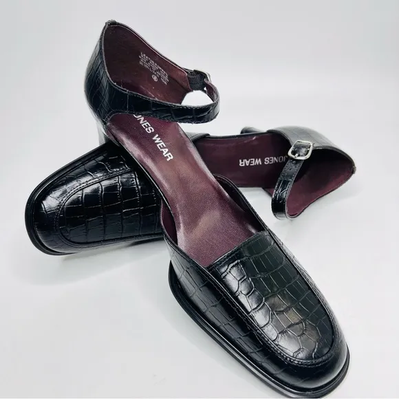 Jones Wear Classic Mary Jane Pumps Black Crocodile Embossed Leather Bloc…