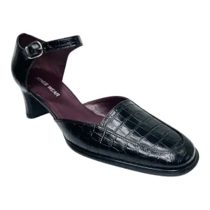 Jones Wear Classic Mary Jane Pumps Black Crocodile Embossed Leather Bloc…
