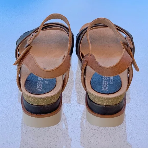 Josef Seibel CLEA Black &amp; Tan Leather Open Toe Platform Sandals ~ EU 38 US 7-1/2