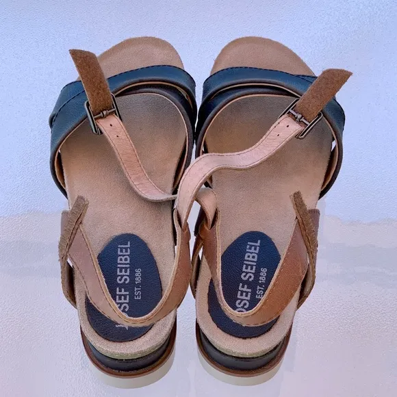 Josef Seibel CLEA Black &amp; Tan Leather Open Toe Platform Sandals ~ EU 38 US 7-1/2