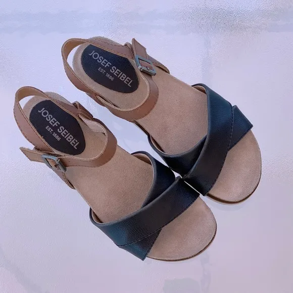 Josef Seibel CLEA Black &amp; Tan Leather Open Toe Platform Sandals ~ EU 38 US 7-1/2