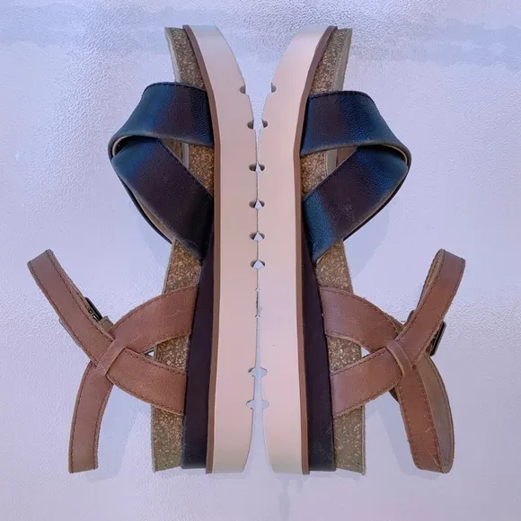 Josef Seibel CLEA Black &amp; Tan Leather Open Toe Platform Sandals ~ EU 38 US 7-1/2