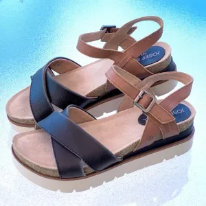 Josef Seibel CLEA Black &amp; Tan Leather Open Toe Platform Sandals ~ EU 38 US 7-1/2