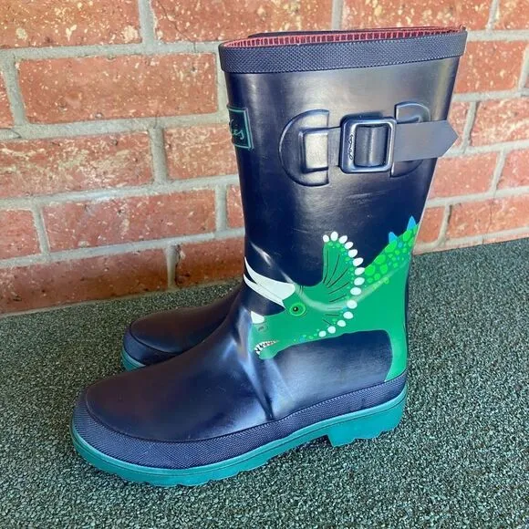 Joules Boys Rain Boots Blue Green Dinosaur