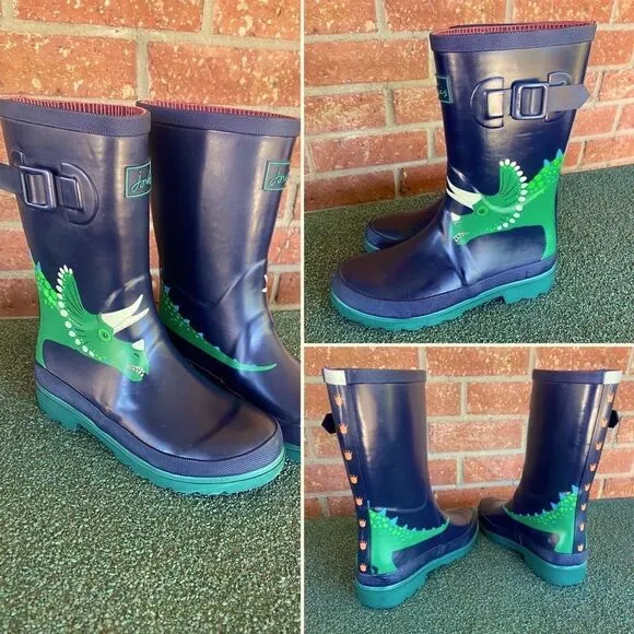 Joules Boys Rain Boots Blue Green Dinosaur