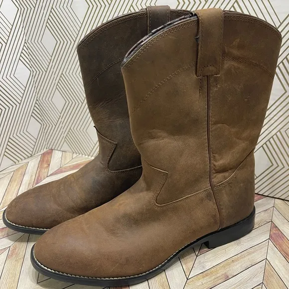 Justin boots 3410 youth sz 5.5D. Brown leather pull on, Western C9
