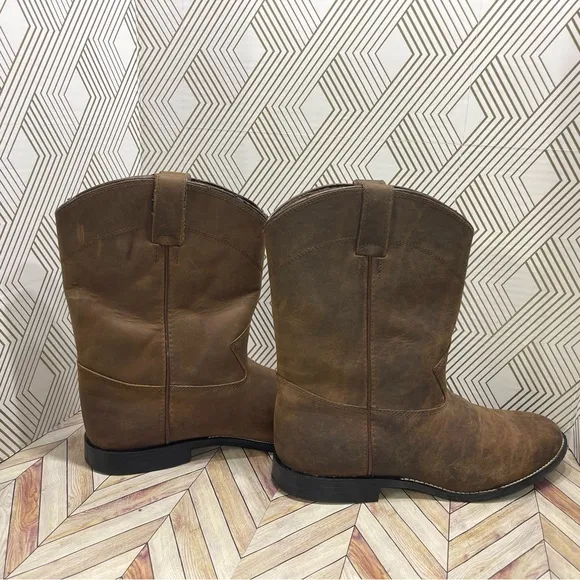 Justin boots 3410 youth sz 5.5D. Brown leather pull on, Western C9