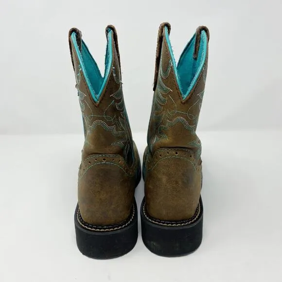 Justin Brown Leather Fatbaby Western Boots Size 7.5 Pull On Turquoise Accents