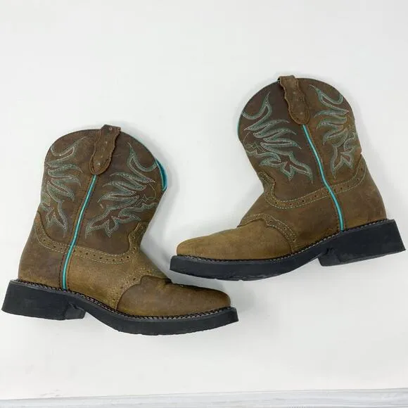 Justin Brown Leather Fatbaby Western Boots Size 7.5 Pull On Turquoise Accents