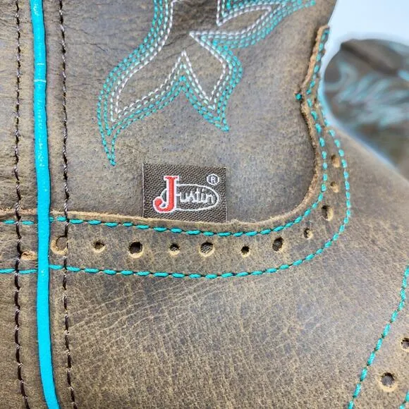 Justin Brown Leather Fatbaby Western Boots Size 7.5 Pull On Turquoise Accents