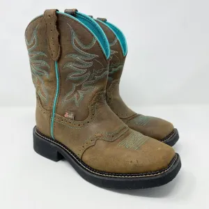 Justin Brown Leather Fatbaby Western Boots Size 7.5 Pull On Turquoise Accents