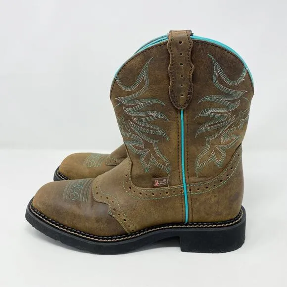 Justin Brown Leather Fatbaby Western Boots Size 7.5 Pull On Turquoise Accents
