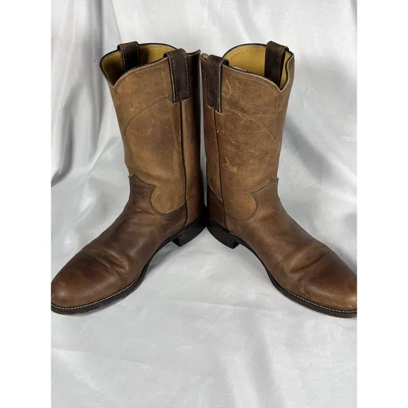 Justin Classic Roper Western Boots Mens Size 8.5B 3408 Brown Leather Pull On EUC