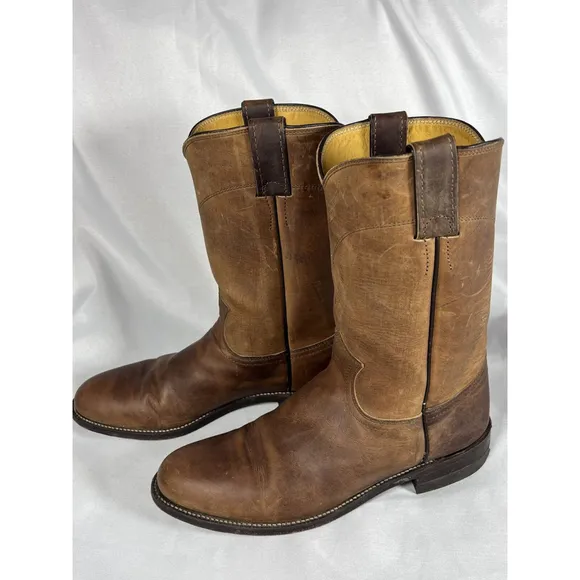Justin Classic Roper Western Boots Mens Size 8.5B 3408 Brown Leather Pull On EUC