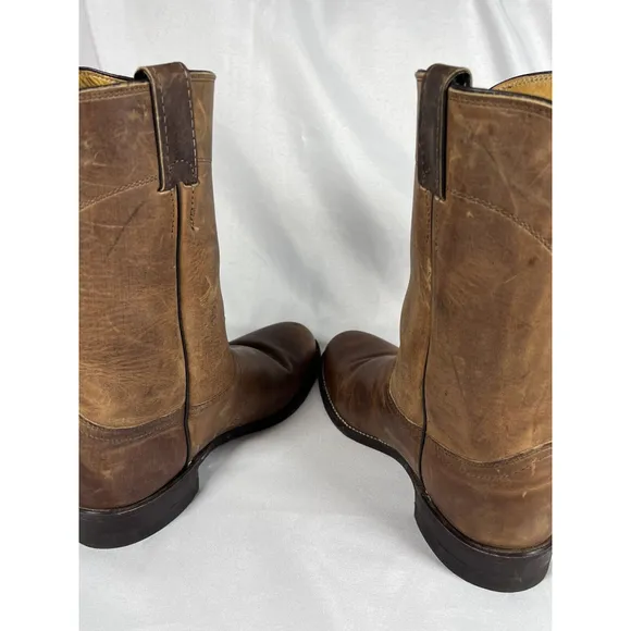 Justin Classic Roper Western Boots Mens Size 8.5B 3408 Brown Leather Pull On EUC