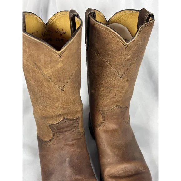 Justin Classic Roper Western Boots Mens Size 8.5B 3408 Brown Leather Pull On EUC