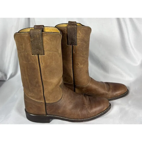 Justin Classic Roper Western Boots Mens Size 8.5B 3408 Brown Leather Pull On EUC