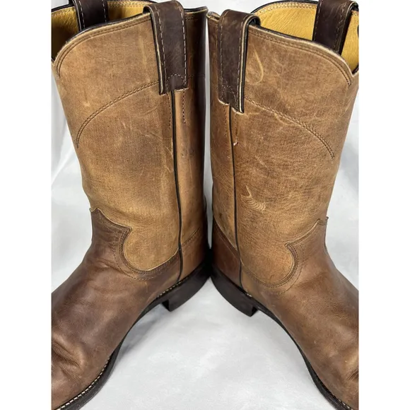 Justin Classic Roper Western Boots Mens Size 8.5B 3408 Brown Leather Pull On EUC