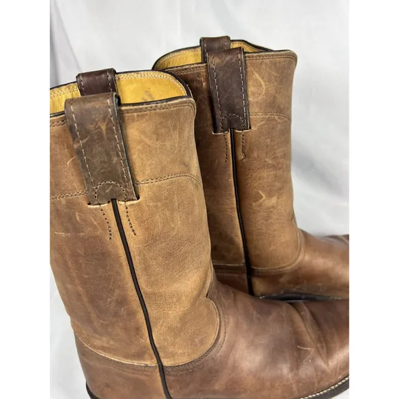 Justin Classic Roper Western Boots Mens Size 8.5B 3408 Brown Leather Pull On EUC