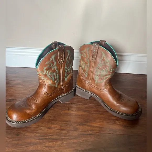 Justin Gemma 8” Brown Western Cowboy Boots with Embroidery-Size 9