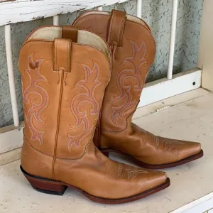 JUSTIN LEATHER COWBOY BOOTS Tan Size 9 Woman’s Pointed Toe with Pull Tabs