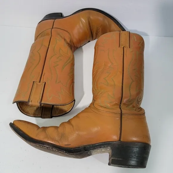 Justin Men's Tan Leather Western Boots Sz 8.5D Pull-On Block Heel Cowboy Rodeo