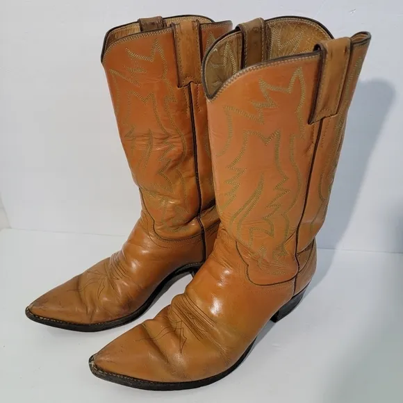 Justin Men's Tan Leather Western Boots Sz 8.5D Pull-On Block Heel Cowboy Rodeo