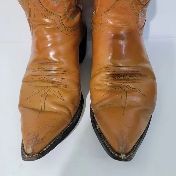 Justin Men's Tan Leather Western Boots Sz 8.5D Pull-On Block Heel Cowboy Rodeo
